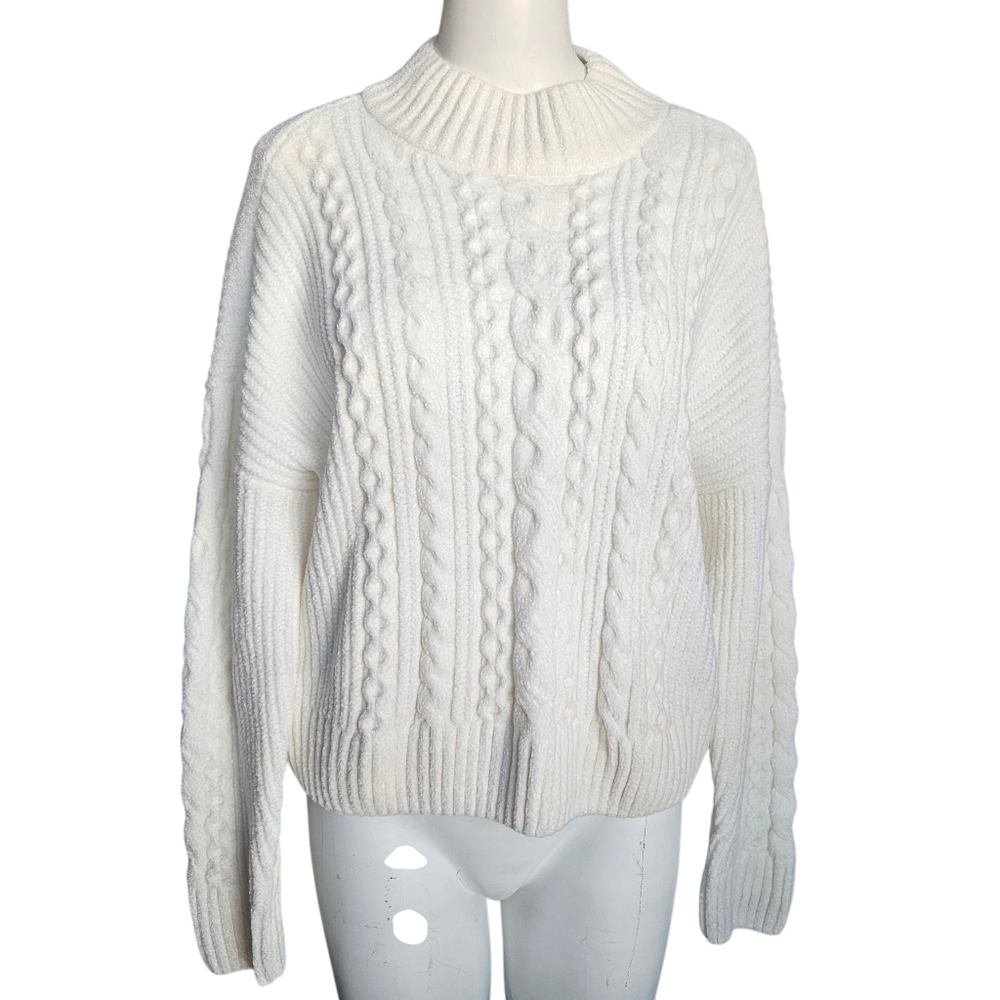 Rachel Zoe Cable Knit Chenille Mock Neck Pullover Sweater LG Ivory Fisherman